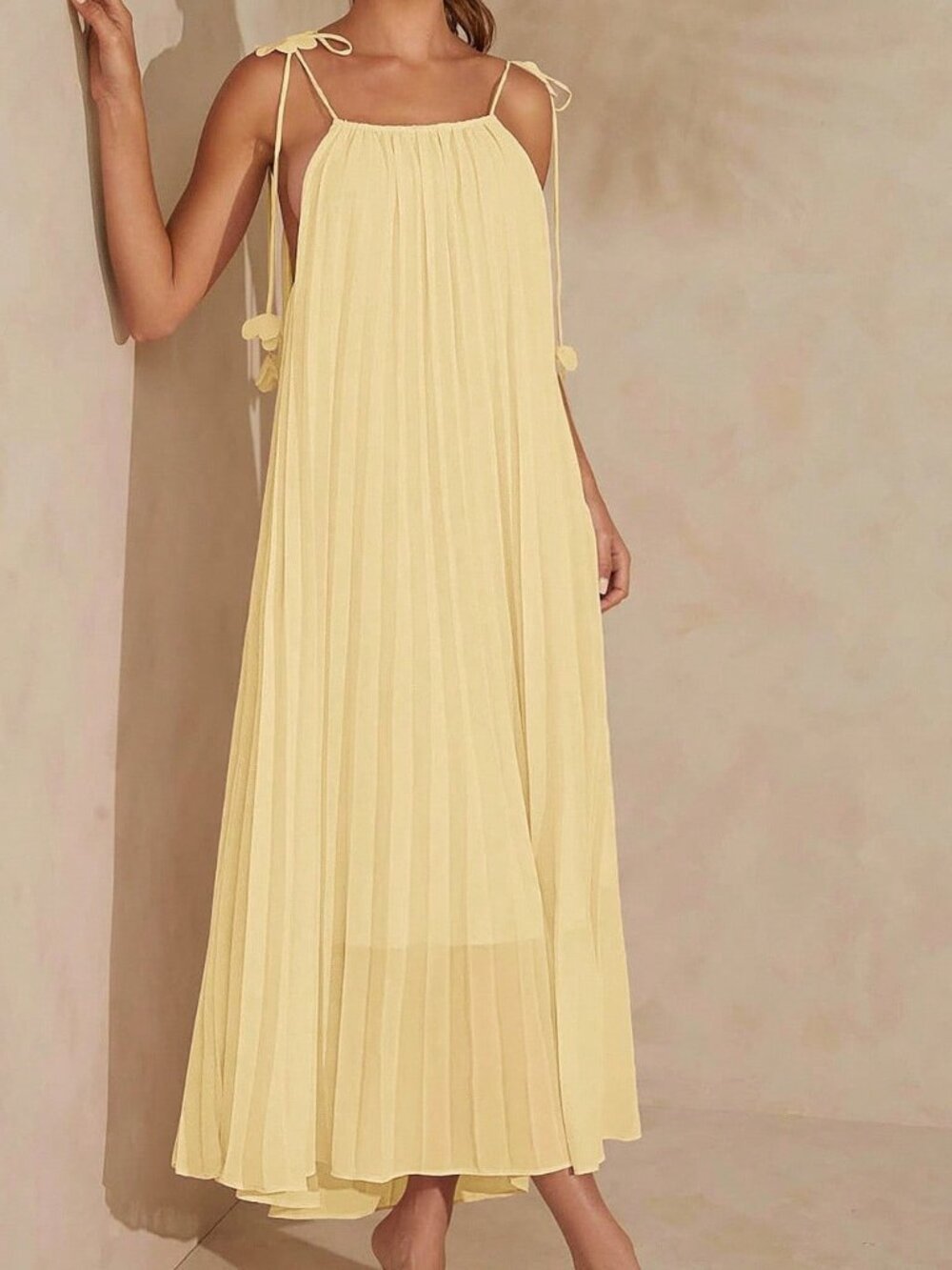 Butter Yellow Casual Women's Pleated 3d Flower Strap Tie Detail Maxi Dress